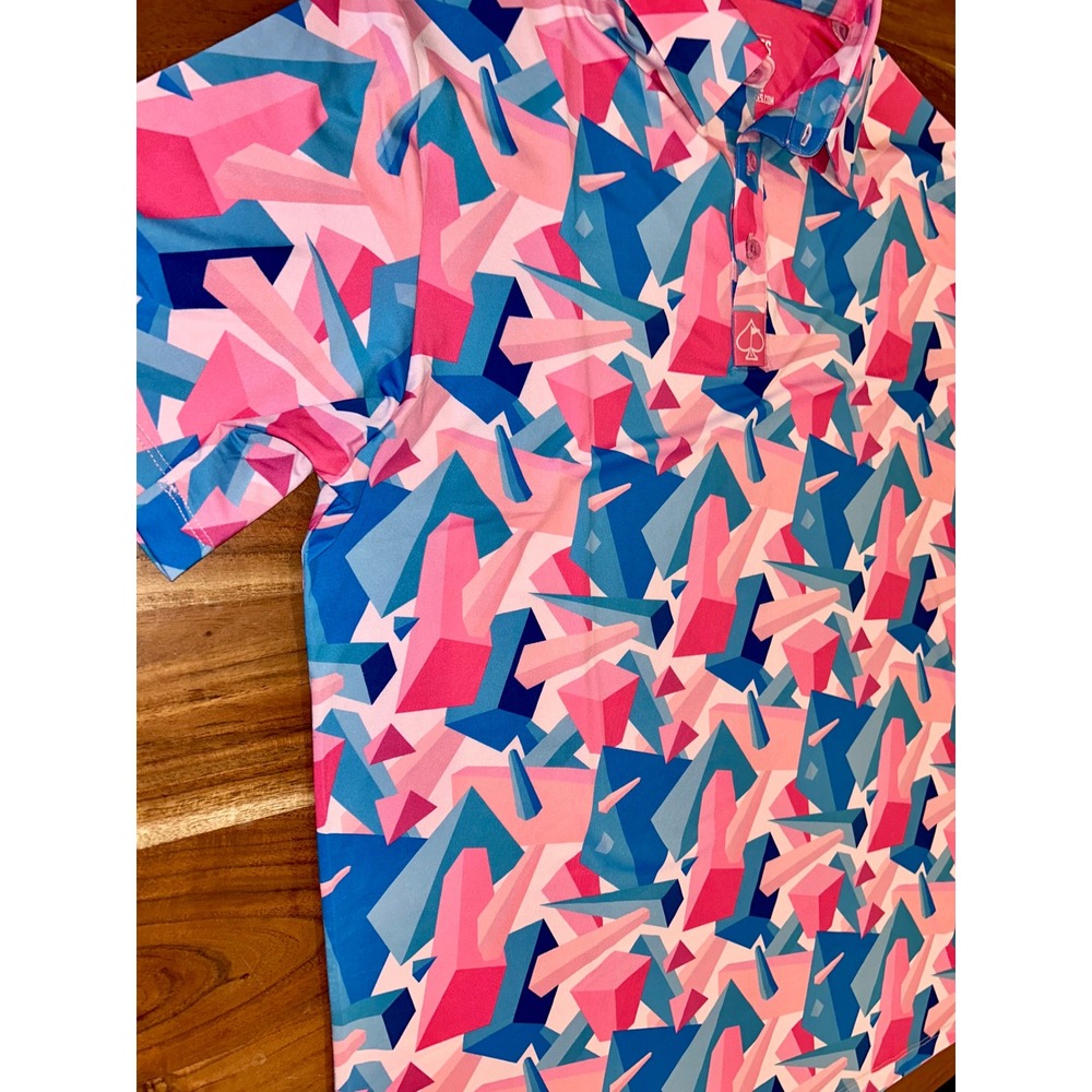 Pins & Aces Men XL Pink Blue Geometric Crystal Print Performance Golf Polo Shirt - Picture 3 of 7